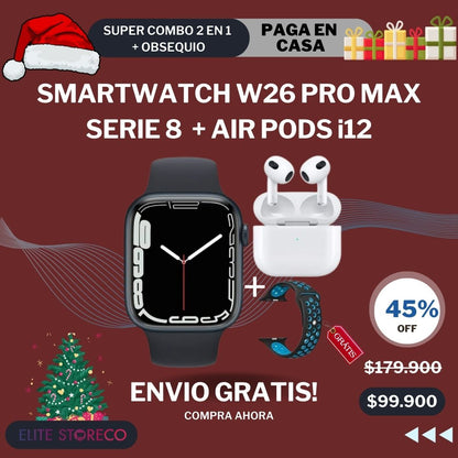 Super combo 2 en 1  + obsequio / SMARTWATCH W26 PRO MAX SERIE 8  + AIR PODS i12 TWS